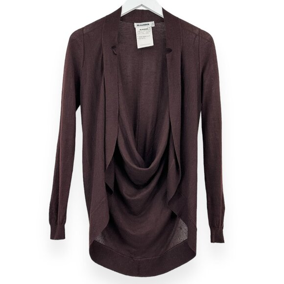 Jil Sander Brown Eggplant Purple Draped Back Cashmere Silk Open Cardigan Sweater - Picture 1 of 6